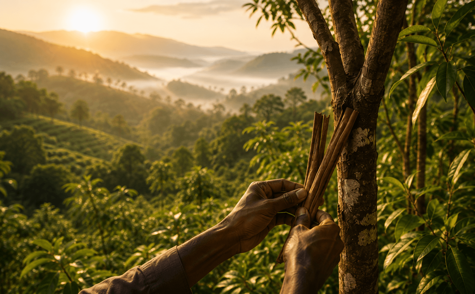 Hands harvesting cinnamon in the misty hills of Sri Lanka